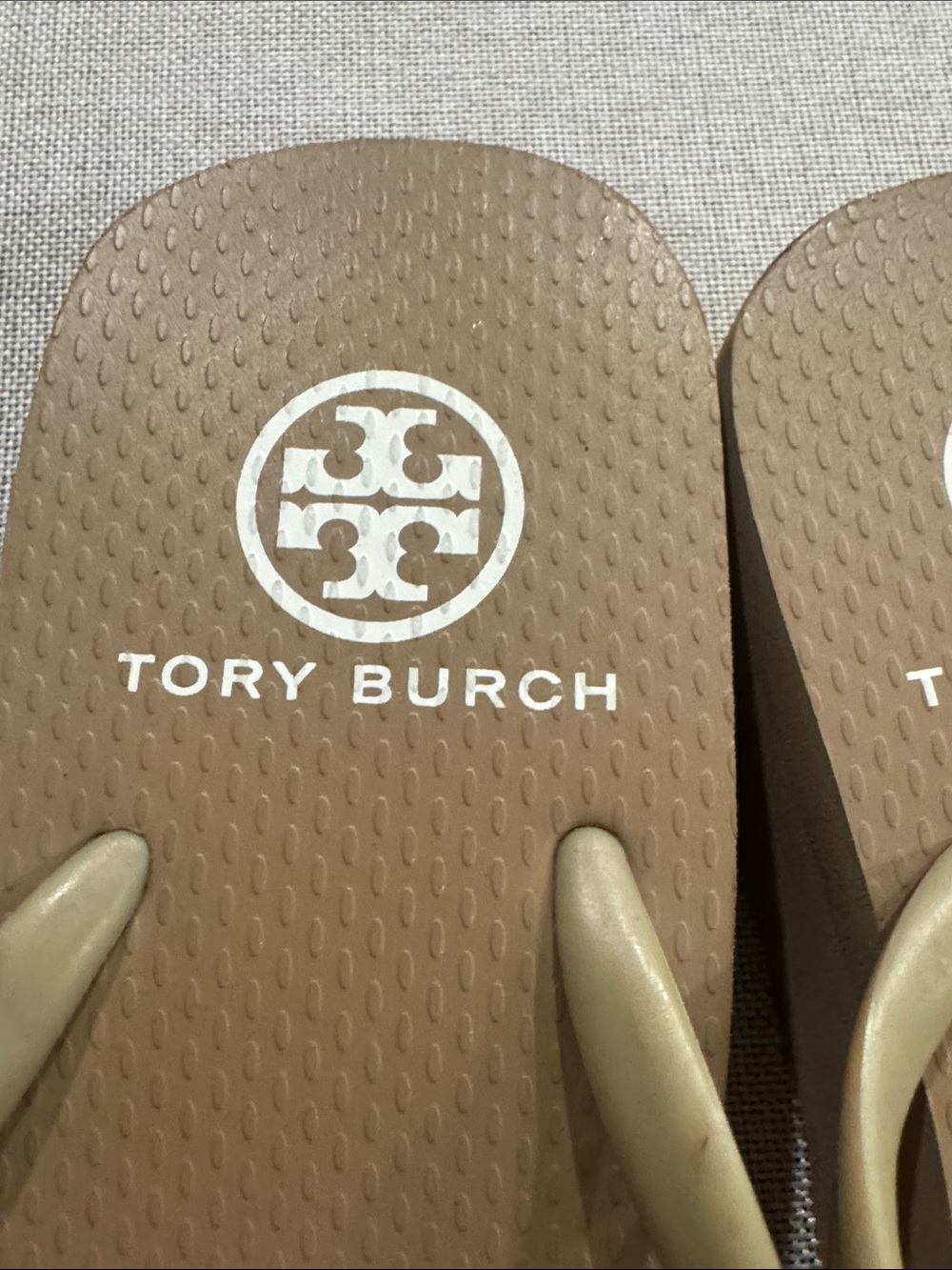 Tory Burch Taupe and Gold Logo Flip Flop Mini Wedge Sandals Size 7 - Picture 2 of 8